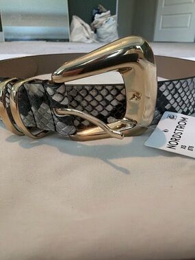 B-Low The Belt Snake-Print Belt with Gold Buckle - White/Gray
